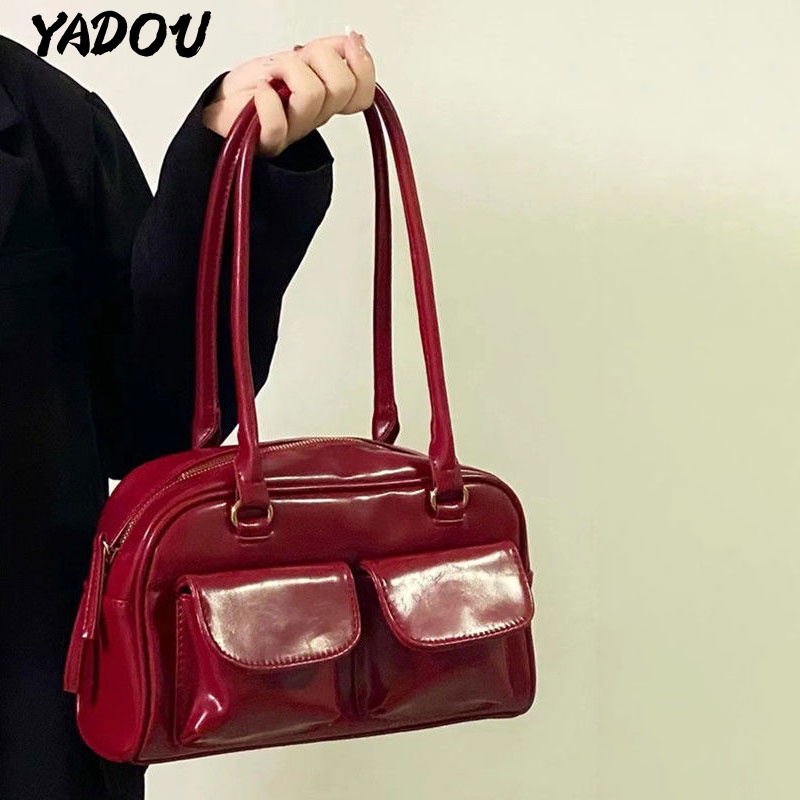 Túi xách YADOU bằng da PU có sức chứa lớn màu đỏ bóng thiết kế sang trọng cổ điển cho phụ nữ