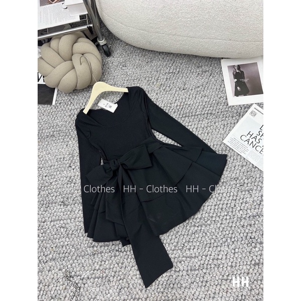 Váy len tăm Cổ Vuông Dáng Ngắn 2 Tầng Kèm Nơ Xinh Xắn B120