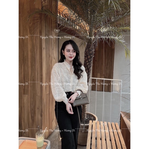 Áo sơmi thô ren cổ tàu tay bồng
