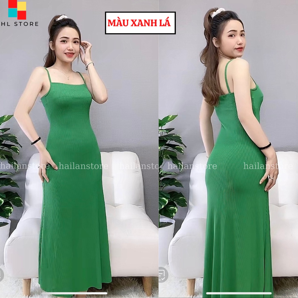Đầm 2 dây dáng dài chất thun len co giãn freesize V47 Hả Lan Store