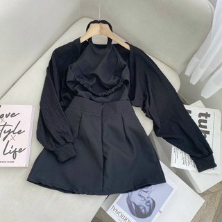 SET ĐẦM YẾM ĐEN CUTOUT LƯNG KÈM KHOÁC