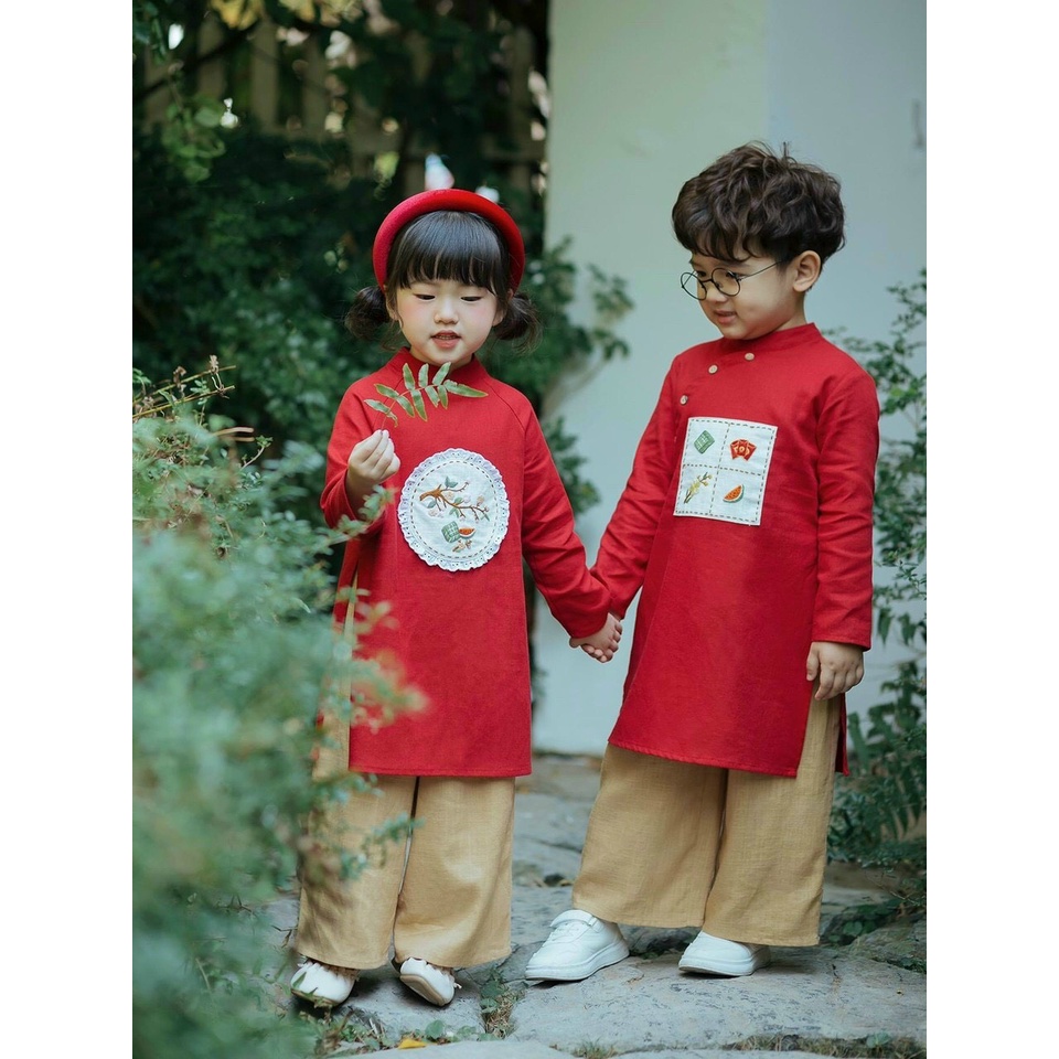 Áo Dài Đôi Tết Bé Trao Bé Gái Áo Dài Tết Cách Tân Chất Lụa Linen Mềm Mịn Mướt Tay Họa Tiết Thêu Sắc Nét Kèm Quần Lụa