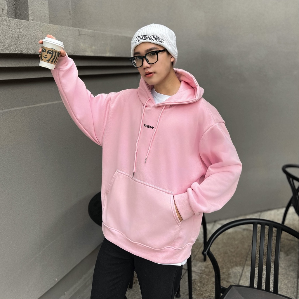 Áo Hoodie hồng ghi form rộng 100% Cotton REW