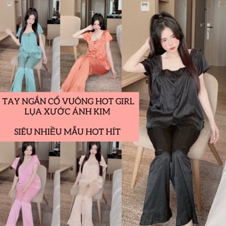 ẢNH THẬT pijama tay ngắn cổ vuông lụa xước siêu hot, đồ bộ lụa xước hot trend, pijama nữ cao cấp giá rẻ freeship