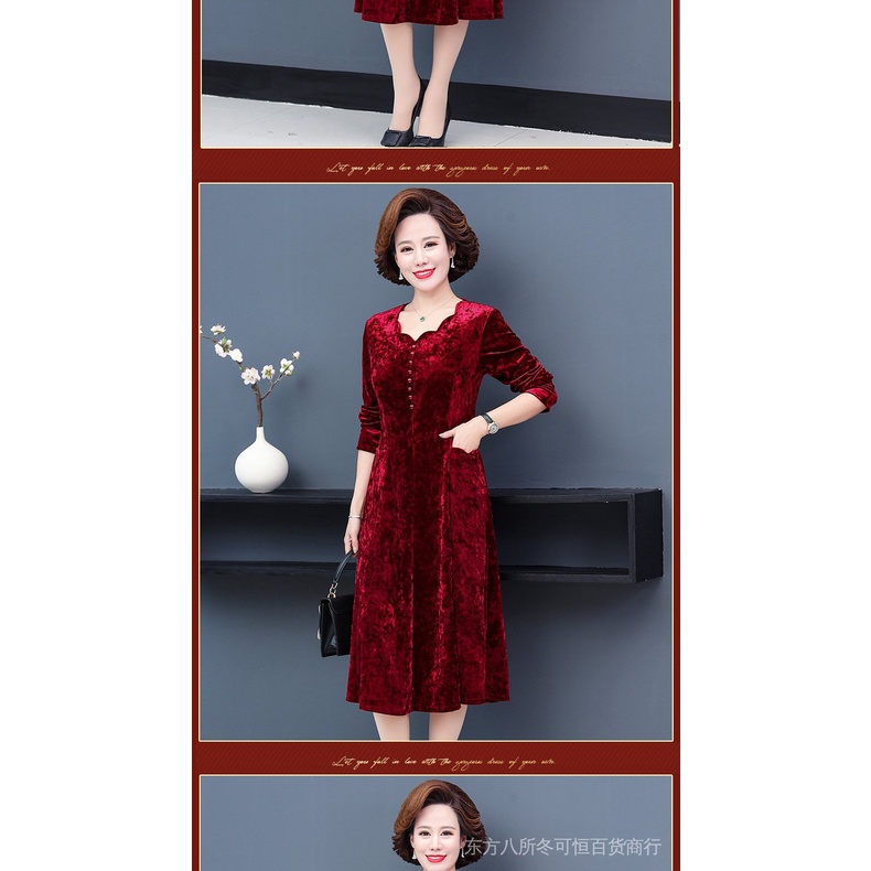 Đầm Nhung Vàng Phong Cách Thời Trang Xuân Thu Mới Cho Phụ Nữ Trung Niên