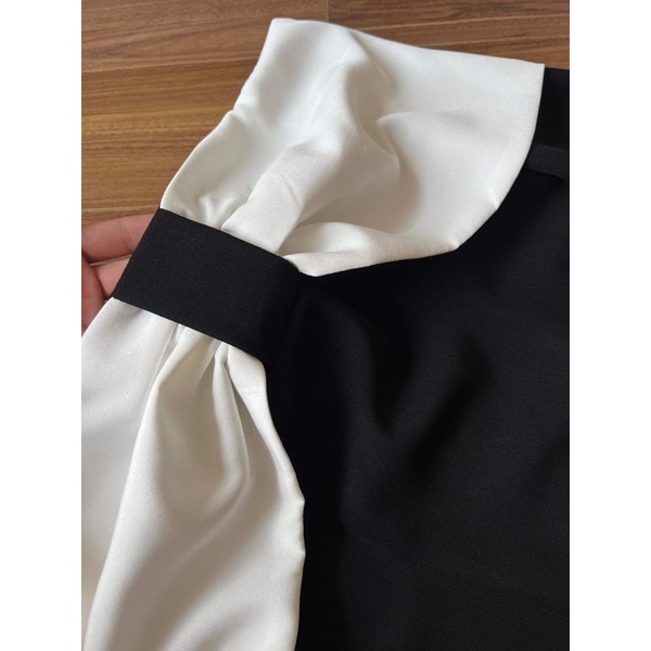 Váy Trễ Vai Tay Dài Sang Chảnh,Váy Bệt Vai Phối Nơ Ngực Bản To Chất Liệu Tuyết Mưa Loại I