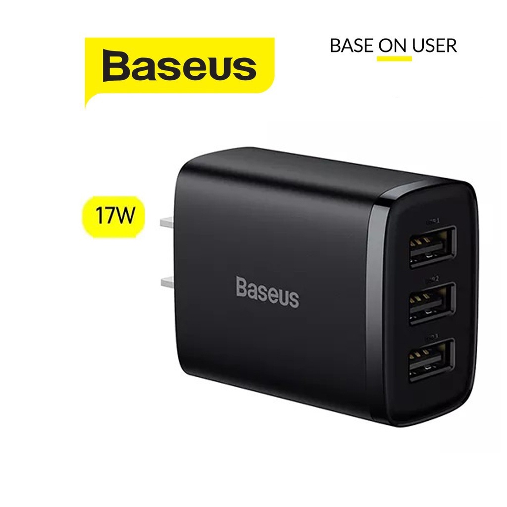 Cốc sạc 17W Baseus Compact Charger 3 cổng USB chân cắm US sạc nhiều thiết bị cùng lúc