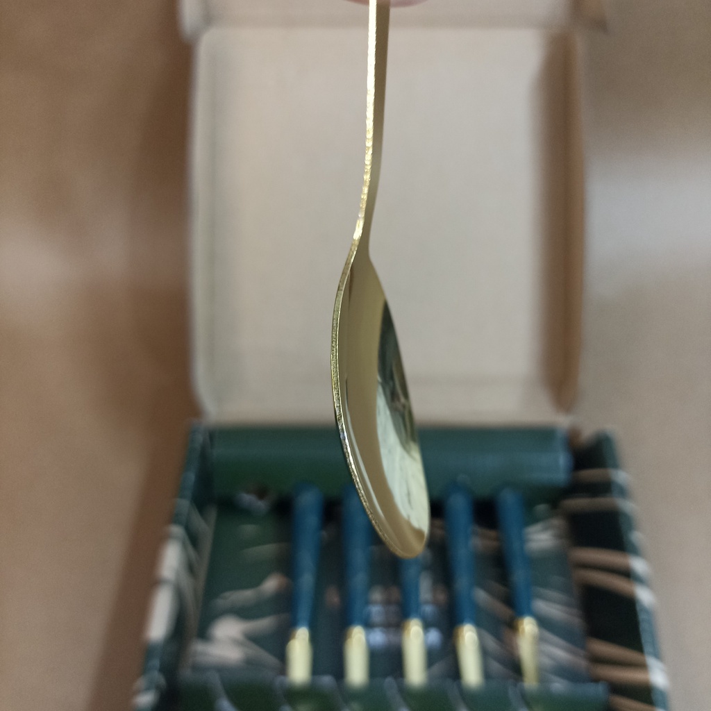 (Bộ 6) Thìa Inox Mạ Vàng, Chuôi Vân Đá Sang Trọng 17cm, kèm hộp. KM 20115