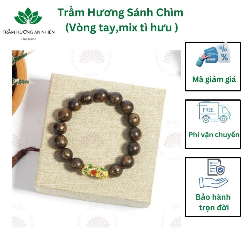 Vòng tay Trầm Hương Sánh Chìm Nước Mix Tì Hươu/Phong Thủy - Trầm Hương Tự Nhiên - 10ly, 12ly, 14ly, 16ly