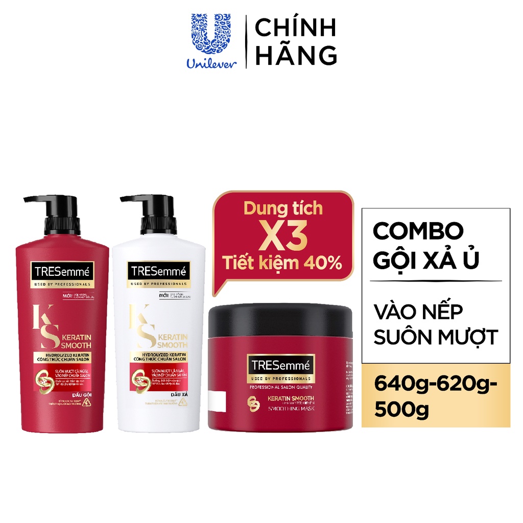 [ĐẶC BIỆT KEM Ủ KHỔNG LỒ] Combo Gội 640g, Xả 620g, Ủ 500G TRESemmé Keratin Smooth Vào Nếp Suôn Mượt