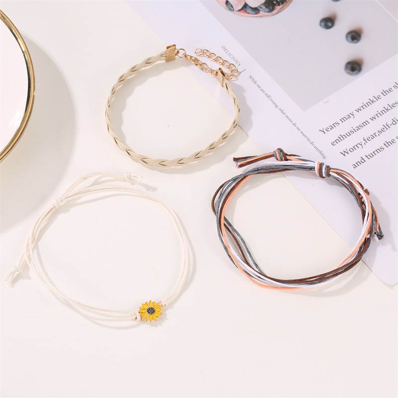 Bộ 3 Vòng Tay Dây Da Bện Mặt Hoa Hướng Dương Nhiều Màu Phong Cách Bohemian JP5