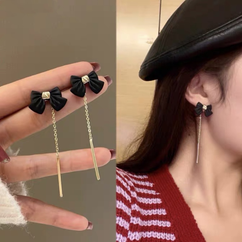 Bông Tai Mạ Bạc 925 Dáng Dài Đính Nơ Tua Rua Thời Trang Hàn Quốc Cho Nữ