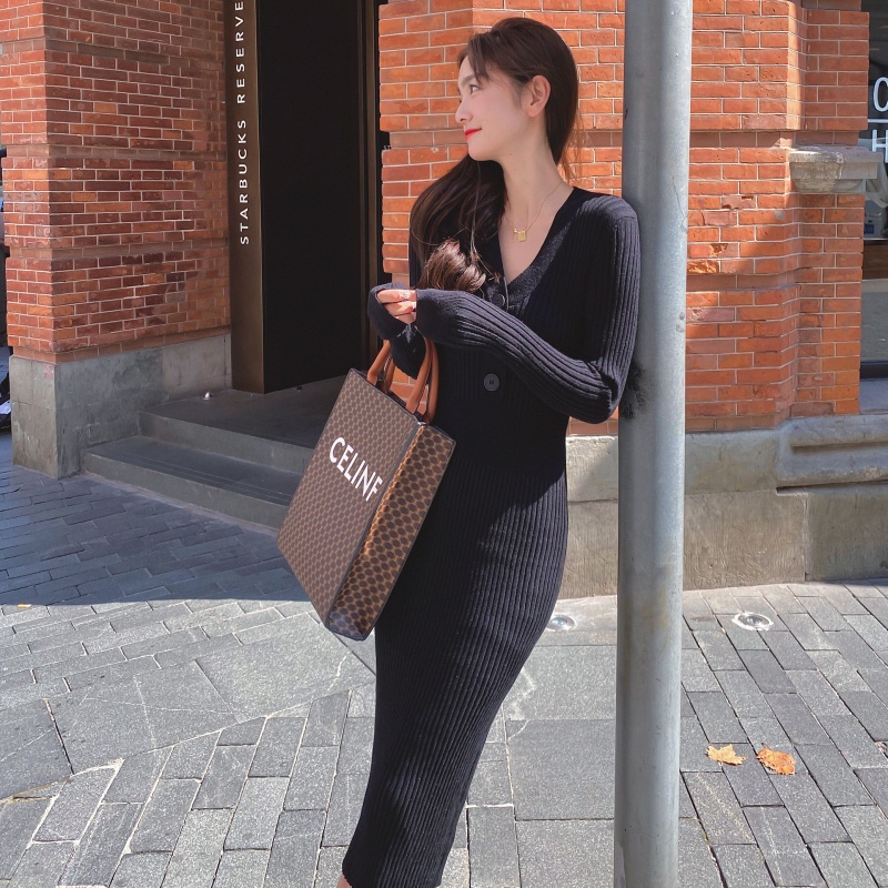 SUXI Đầm Dệt Kim Dáng Ôm Dài Cổ Chữ V Thời Trang Vintage Quyến Rũ Cho Nữ Mùa Thu Đông