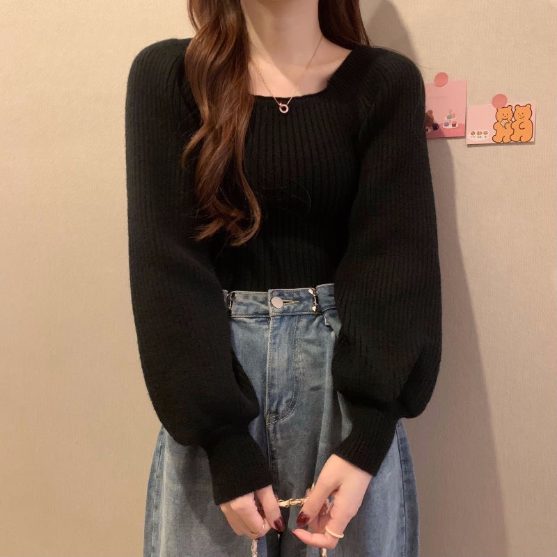 Áo sweater dệt kim tay dài cổ vuông đơn giản phong cách thời trang dành cho nữ