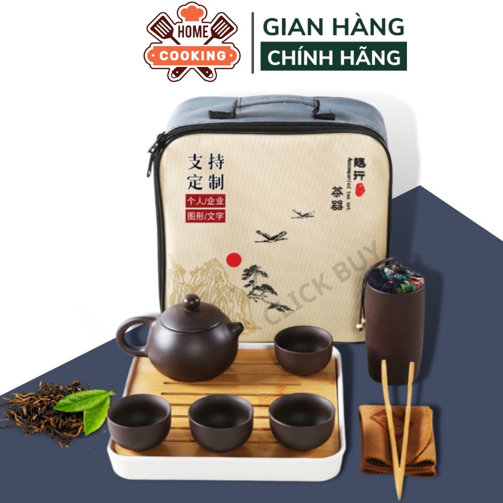 Bộ ấm chén uống trà Tử Sa du lịch 6 chén 12 món kèm khay đựng kèm túi đựng cao cấp,thiết kế sang trọng làm quà biếu tặng