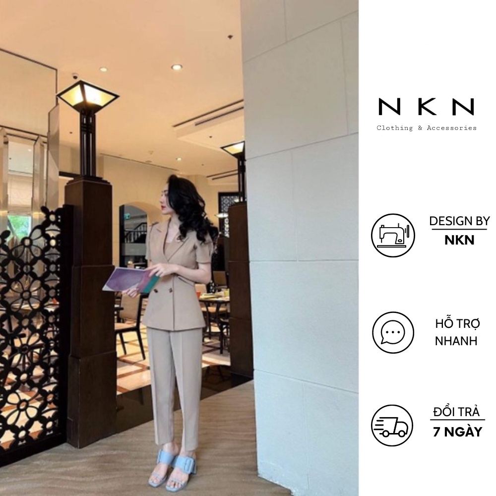 Áo Vest Nữ Tay Ngắn Công Sở, Quần Baggy NKN Kara Beige Thiết Kế Tay Bồng Và Bo Gấu Tay, Chất Liệu Cao Cấp
