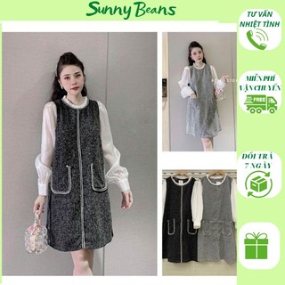 Váy dạ đầm dạ phối tay voan sơ mi có túi hai bên cổ tròn form suông