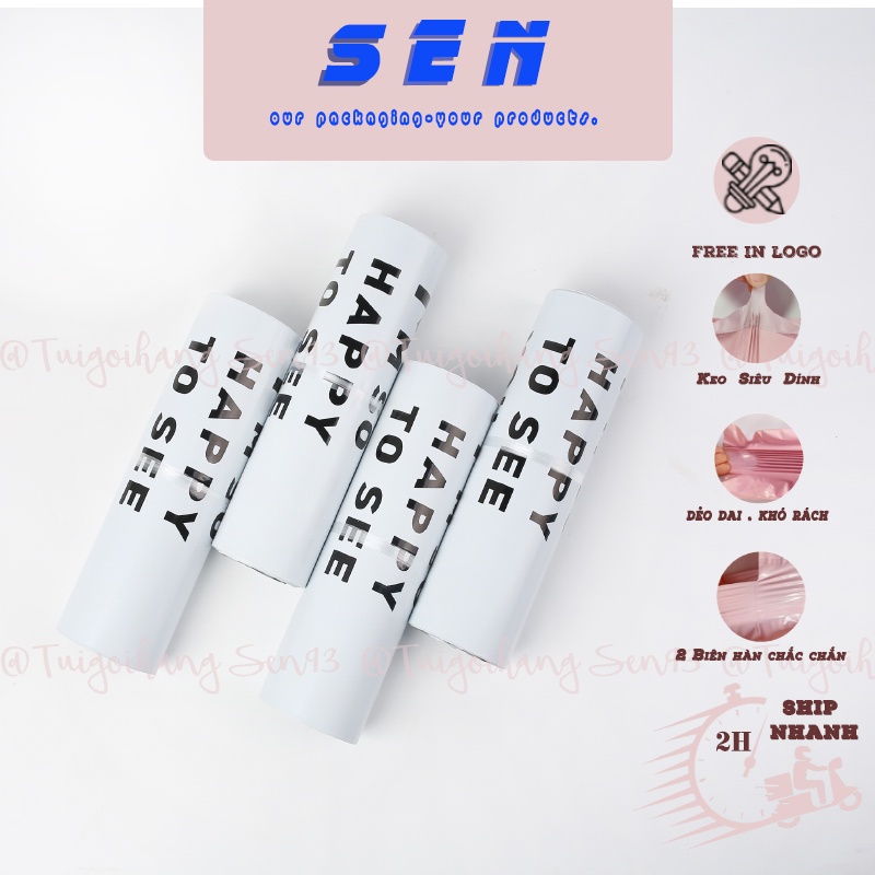 Túi Gói Hàng Niêm Phong SEN93 -Trắng In 2Mặt【I SO HAPPY TO SEE YOU】-Cuộn 100T Có SẴN Keo Dán/CHỐNG NƯỚC-Free In Từ 70C