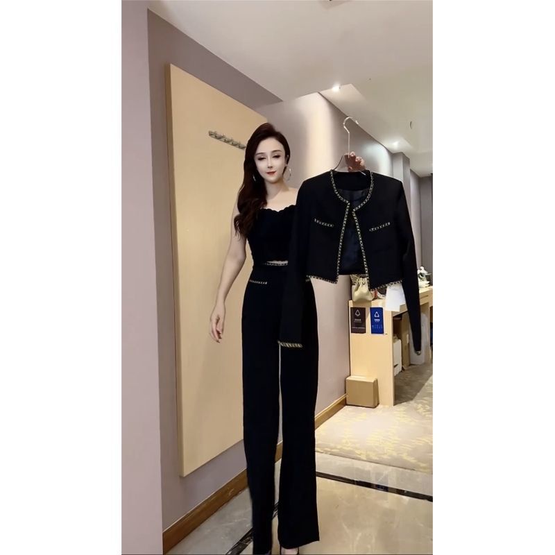 Influencer Set Áo Khoác Ngắn Phối Quần Dài Ống Rộng Thời Trang Mùa Thu Phong Cách Xiaoxiang Cao Cấp