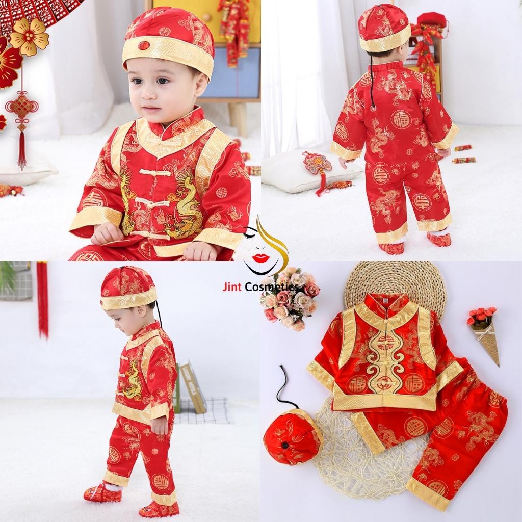 Đồ tết bé trai kèm nón vải gắm thêu hoa văn