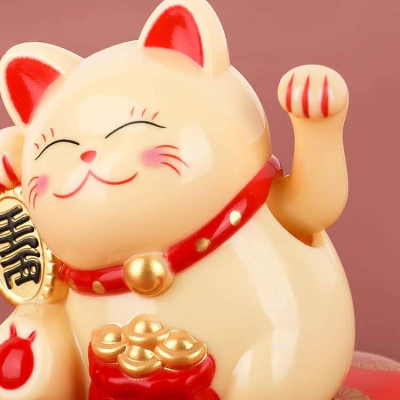 Mèo Thần Tài🍀FREESHIP🍀Mèo May Mắn Mini Maneki Neko Tự Vẫy Tay Dùng Nguồn Năng Lượng Ánh Sáng Chất Liệu Nhựa ABS