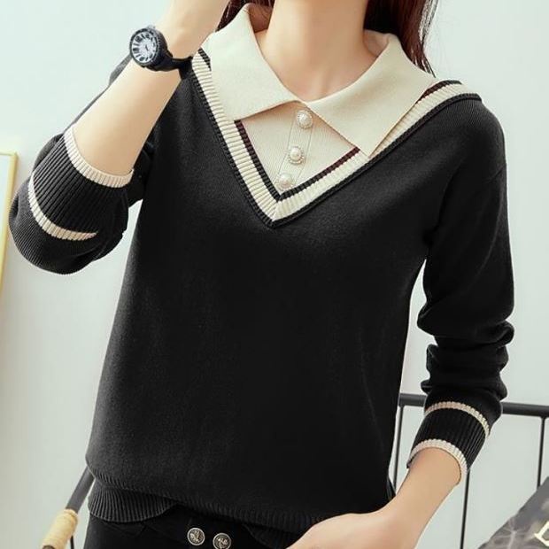 Áo Sweater Dệt Kim Tay Dài Dáng Rộng Cổ Búp Bê Giả Hai Lớp Thời Trang Thu Đông Cho Nữ