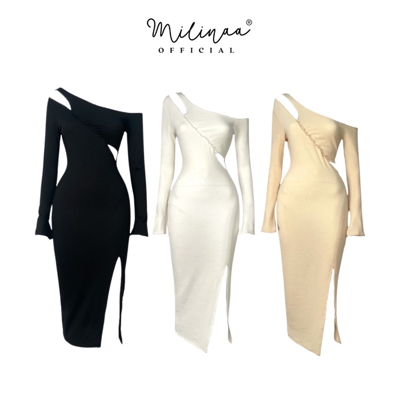 ĐẦM BODY LỆCH VAI TAY DÀI HỞ EO MỘT BÊN C2386 ( SAGA DREES )