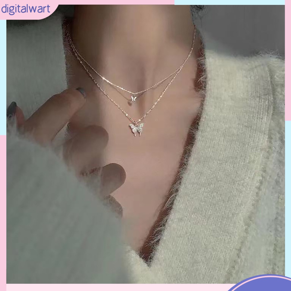 |Đào| Vòng cổ Hai Lớp Mặt Hình Bướm Bằng Hợp Kim Chống Rỉ Sét Thời Trang Cho Nữ