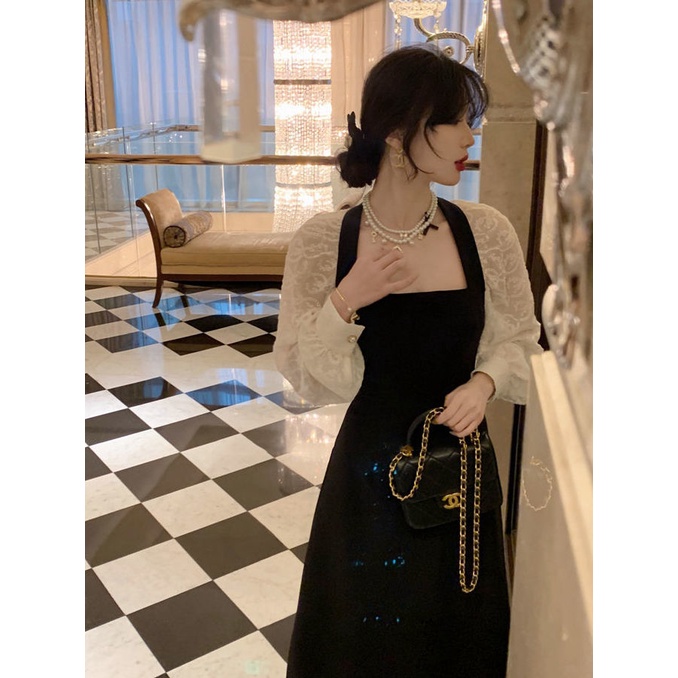 Đầm Dài Cổ Vuông Phối Ren Họa Tiết Bướm Phong Cách Pháp Thanh Lịch Thời Trang Mùa Thu Cho Nữ