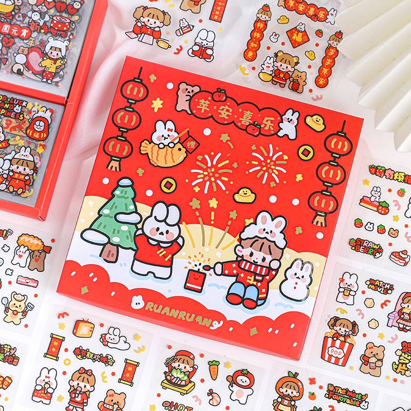 Mr.Paper Phong cách 2 100 vé/hộp Dán nhãn Phim hoạt hình dễ thương Con thỏ Cô gái 2023 lễ hội mùa xuân Giới hạn Dán tay tài liệu Lễ hội mùa xuân Trang trí DIY Hộp quà tặng stickers