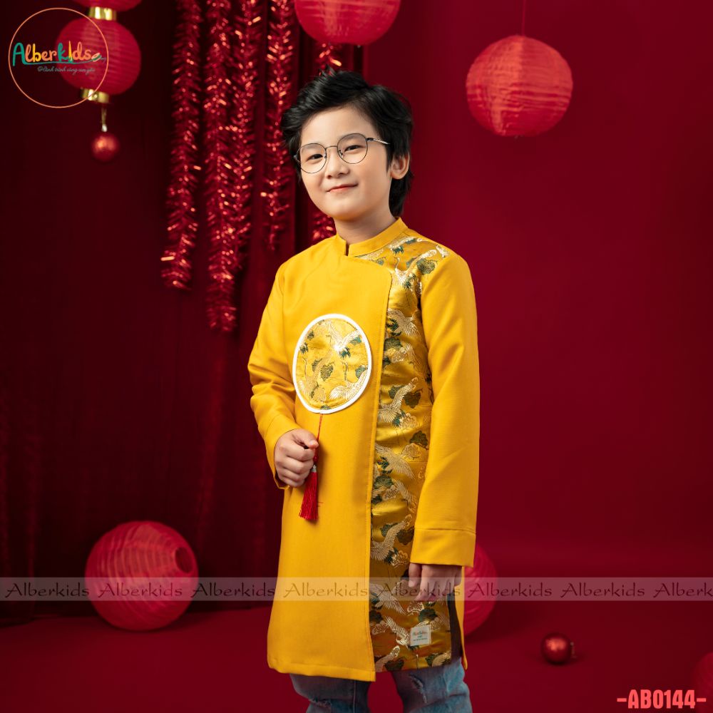 Áo dài bé trai ALBERKIDS màu ĐỎ, VÀNG gấm phối tùng hạc cho trẻ em 3,4,5,6,7,8,9,10,11,12 tuổi [AB0144]
