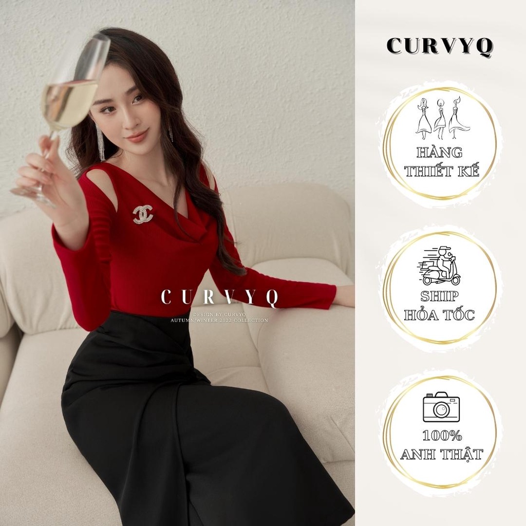 Áo Thun Cổ Đổ Nữ Dài Tay Khoét Vai Tặng Kèm Cài Áo Cách Điệu Tiểu Thư Thời Trang Thiết Kế Nữ CurvyQ