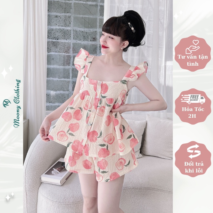 Bộ Đồ Ngủ Nữ 2 Dây Cánh Tiên Sexy, Quyến Rũ. Set Đùi Mặc Nhà Vải Đũi Xốp Mềm Nhẹ, Thoáng Mát Freesize