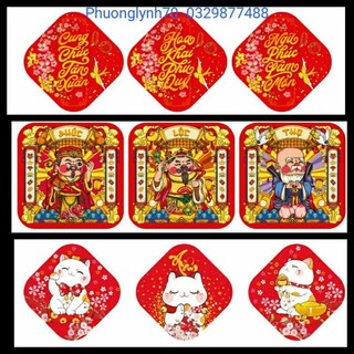 6 tem decal tết size nhỏ én xuân ,ngũ phúc,mèo chiêu tài dán hộp quà,dán túi..,5,5×5,5cm,6,5 ×6,5 cm ,tờ 6 tem,