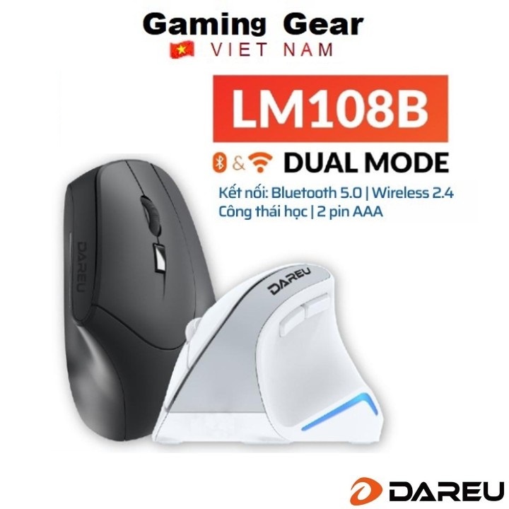 Chuột không dây công thái học Dareu LM108B kết nối Bluetooth 5.0 | Wireless 2.4ghz (kèm sẵn 02 pin AAA, Win ,Mac)