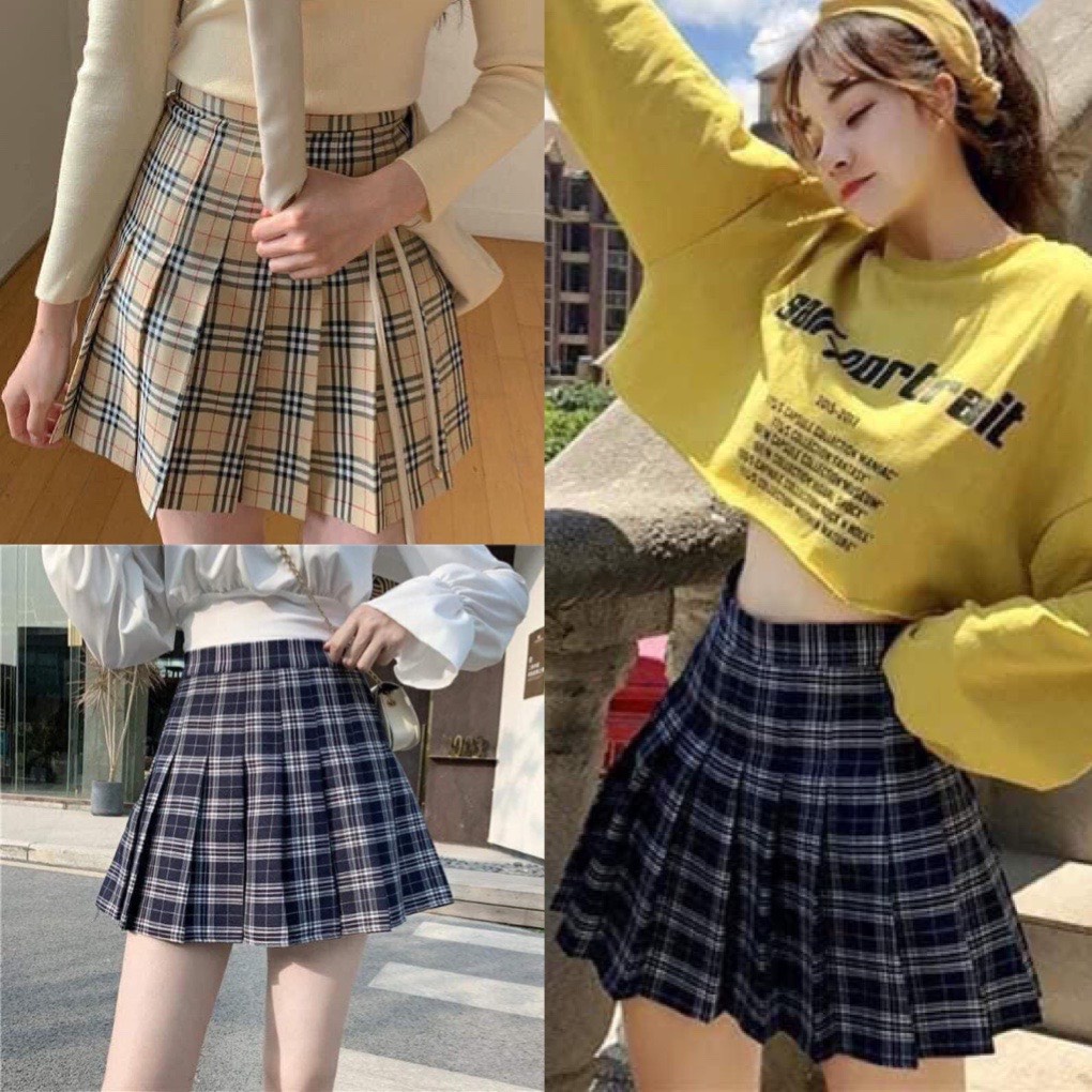 Chân Váy Tennis Kẻ Caro, Chân Váy Ngắn Xếp Ly Kẻ BBR Hàn Quốc Ulzzang màu xanh, be, TONGKHOQUANAONU