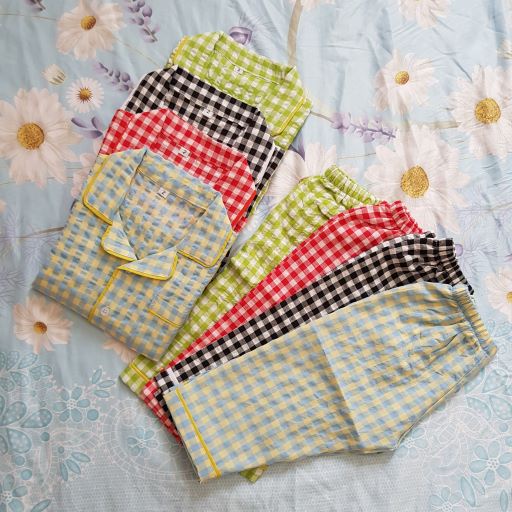 (10-22kg) Bộ đồ ngủ pijama caro cotton dài tay cho bé trai, bé gái