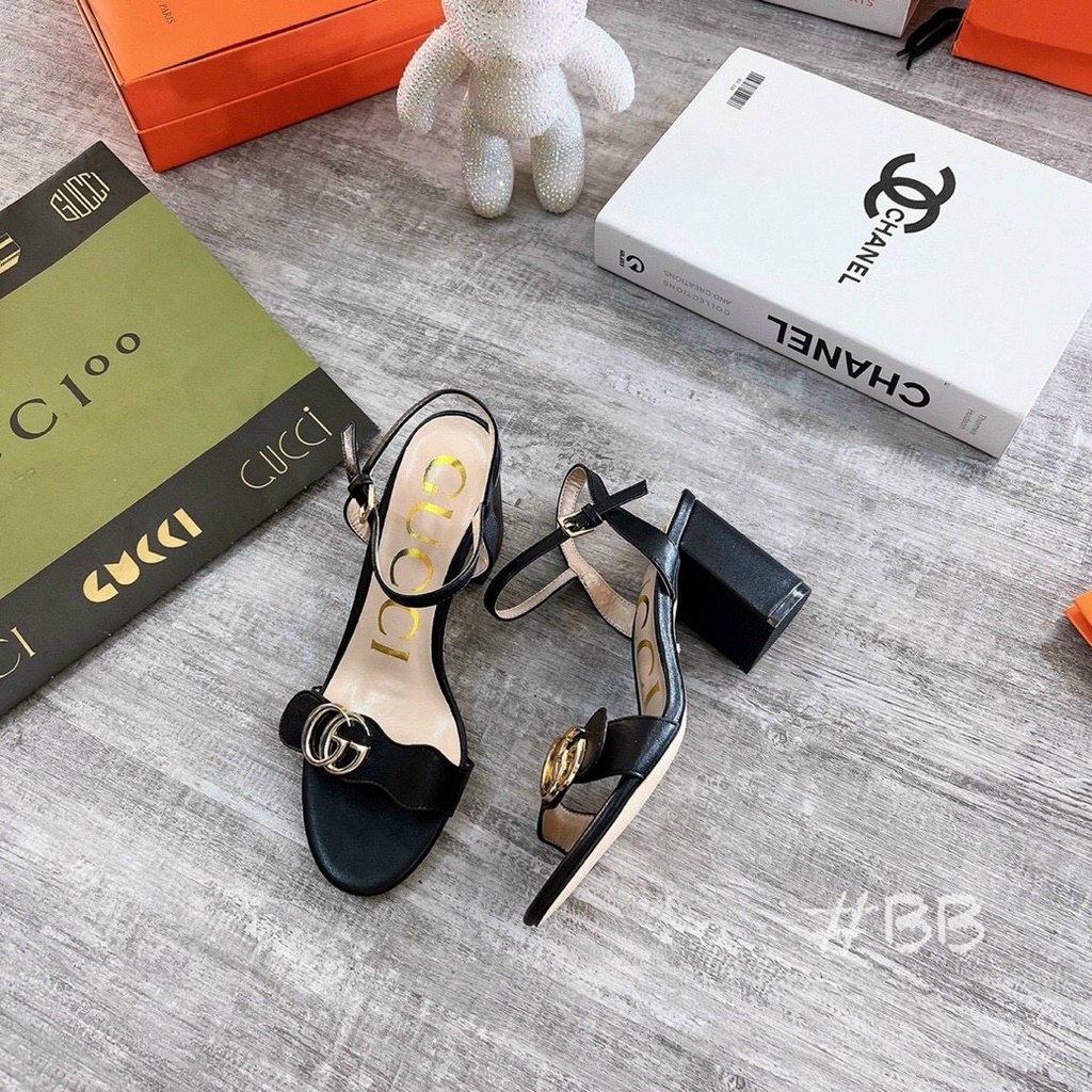 Sandal nữ quai ngang viền đen lượn sóng tag GG gót trụ Nguyên hộp hãng cao cấp