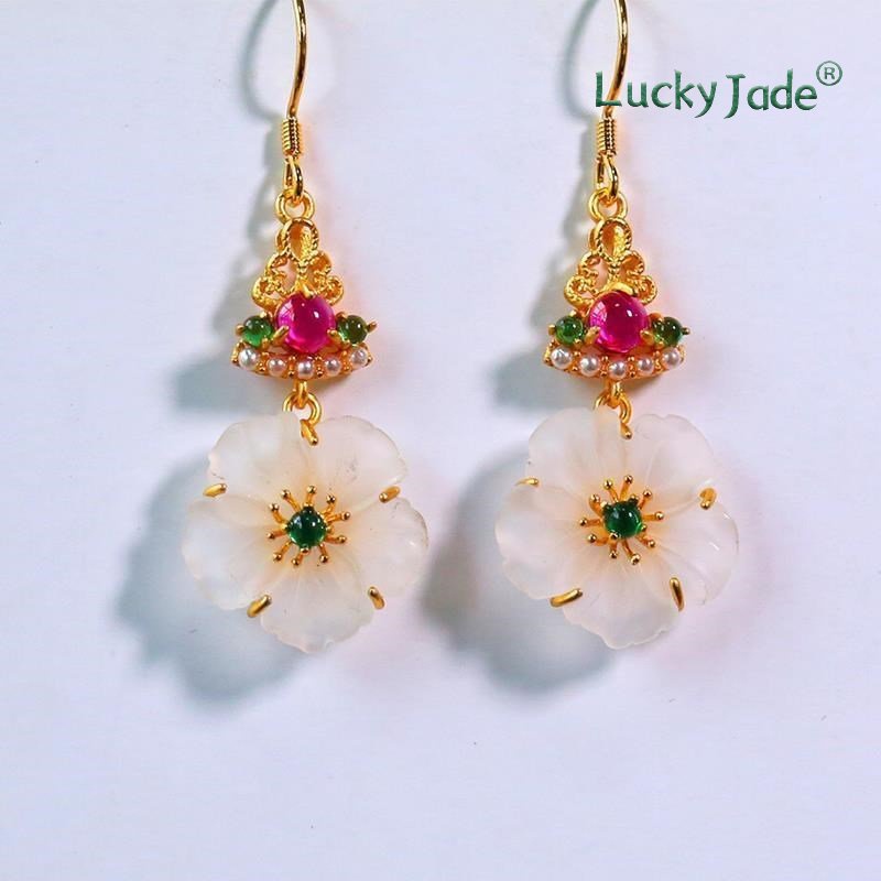 Bông Tai Mạ Bạc 925 Hình Hoa Đính Ngọc Bích Trắng Phong Cách Dân Tộc