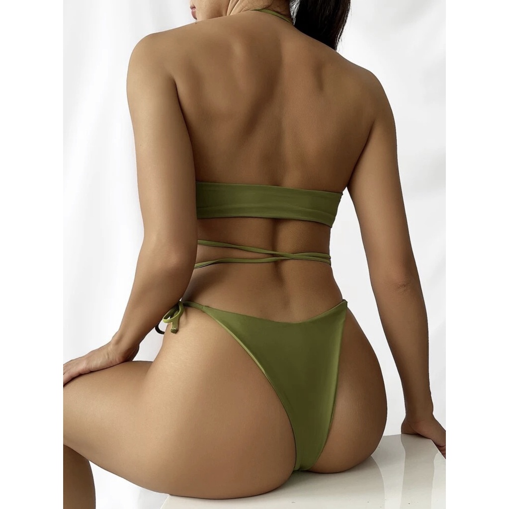 Bộ Đồ Bơi Bikini Ba Mảnh Dạng Váy Ngắn Phối Lưới Dây Rút Thời Trang Dành Cho Nữ