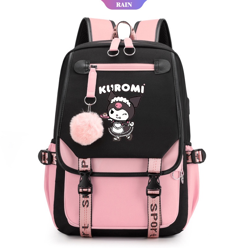 Balo Đi Học / Du Lịch / Đựng Laptop Sức Chứa Lớn Họa Tiết Hoạt Hình Sanrio Kuromi Có Cổng Sạc USB [RAIN]