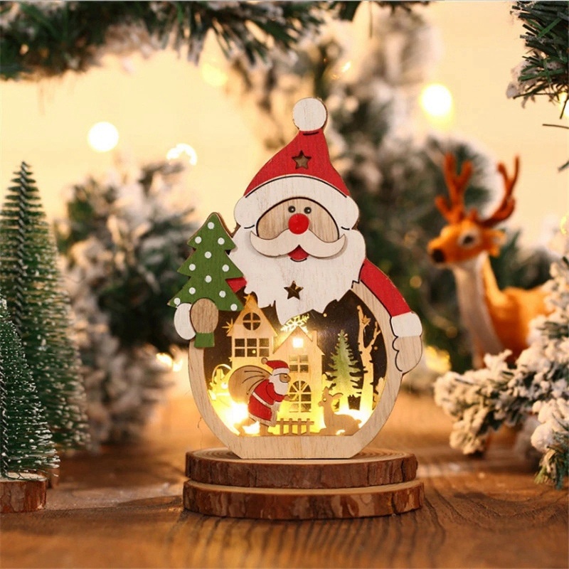 Phụ Kiện Trang Trí Giáng Sinh Năm Mới Hình Ông Già Noel Bằng Gỗ Có Đèn LED Phát Sáng Độc Đáo # 1