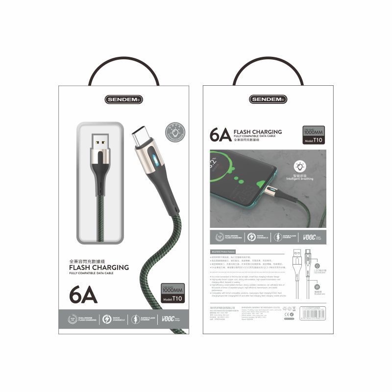 Cáp dữ liệu Sendem T10 6A bọc dù có đèn thở Chân Micro TypeC Trái Táo