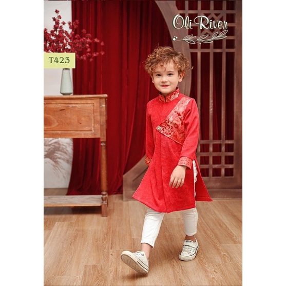 Áo dài bé trai nhung tăm phối gấm đỏ Oli River 1Y-10Y