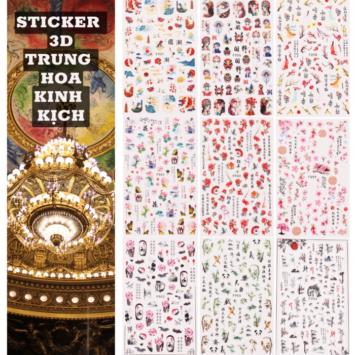 Sticker 3D | Trung Hoa Kinh Kịch Hoa Anh Đào Hoa Sen | Hình Dán Móng Tay