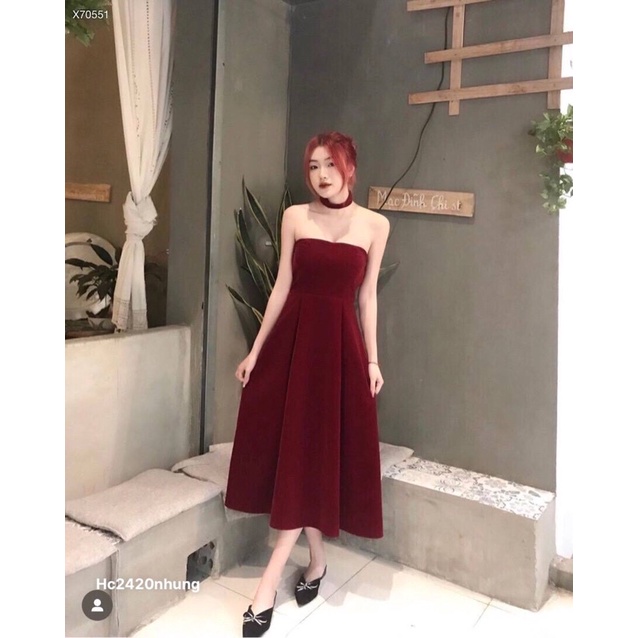 Hc15-đầm nhung đỏ cúp ngực dài qua gối , kèm vòng cổ