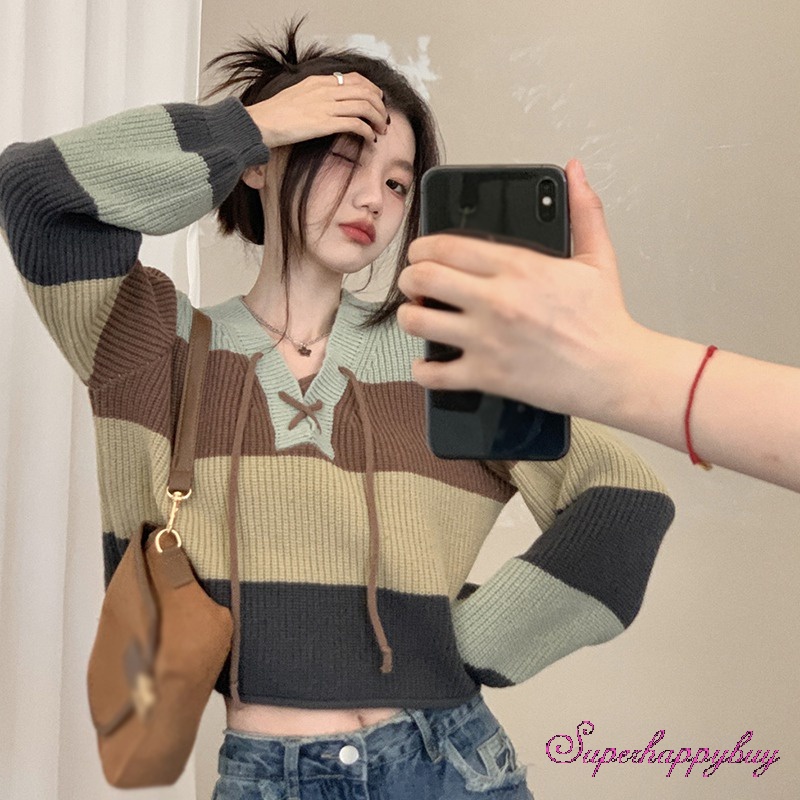 Áo Sweater Dệt Kim Tay Dài Dáng Rộng Kẻ Sọc Màu Sắc Tương Phản Thời Trang Cho Nữ