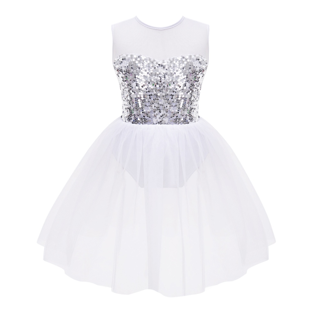 Trẻ Em Bé Gái Khiêu Vũ Leotard Đầm Cổ Tròn Không Tay Sáng Bóng Kim Sa Lấp Lánh Đính Đá Bodice Mở Lưng Lưới Đầm Khiêu Vũ