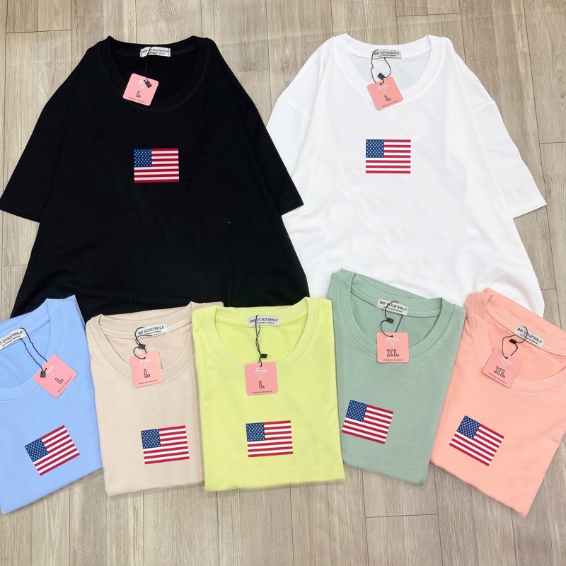 Áo Thun Tay Ngắn UNISEX in Decal CỜ MỸ - Hình chụp thật (Đủ size M-L-XL-XXL) - Số đo ở cuối