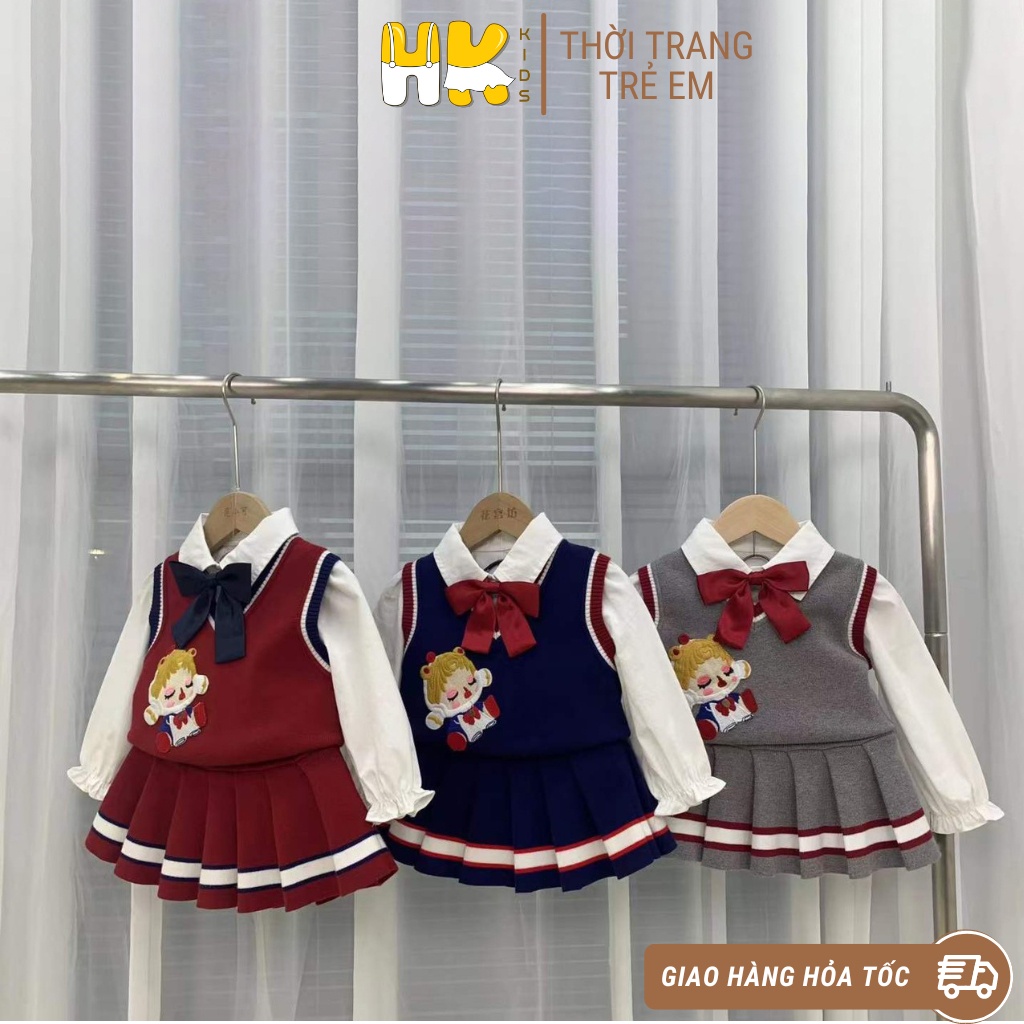 Sét 3 chi tiết gồm chân váy, áo sơ mi và áo gile len cho bé gái HK KIDS, set đồ thu đông size bé từ 1-6 tuổi (mã 2206)